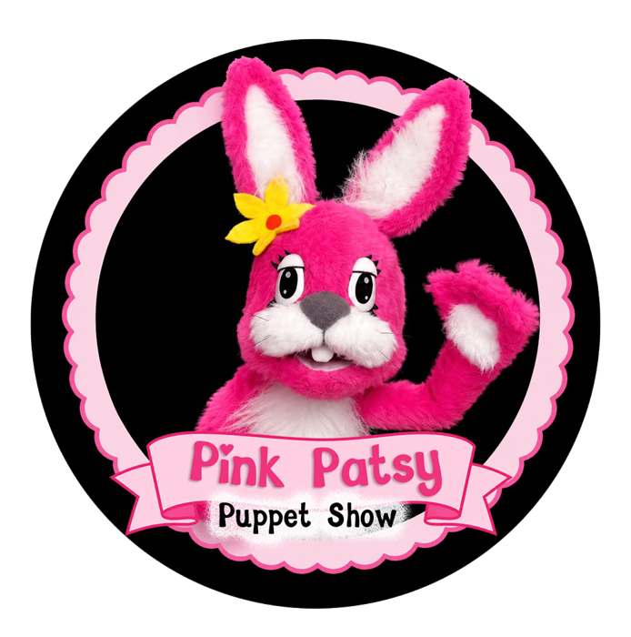 Pink Patsy Puppet Show logo, with the Pink Patsy bunny puppet waving