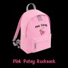 Pink Patsy Rucksack: pink children's backpack with grey straps and the Pink Patsy name and hopping hare logo