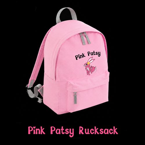 Pink Patsy Rucksack: pink children's backpack with grey straps and the Pink Patsy name and hopping hare logo