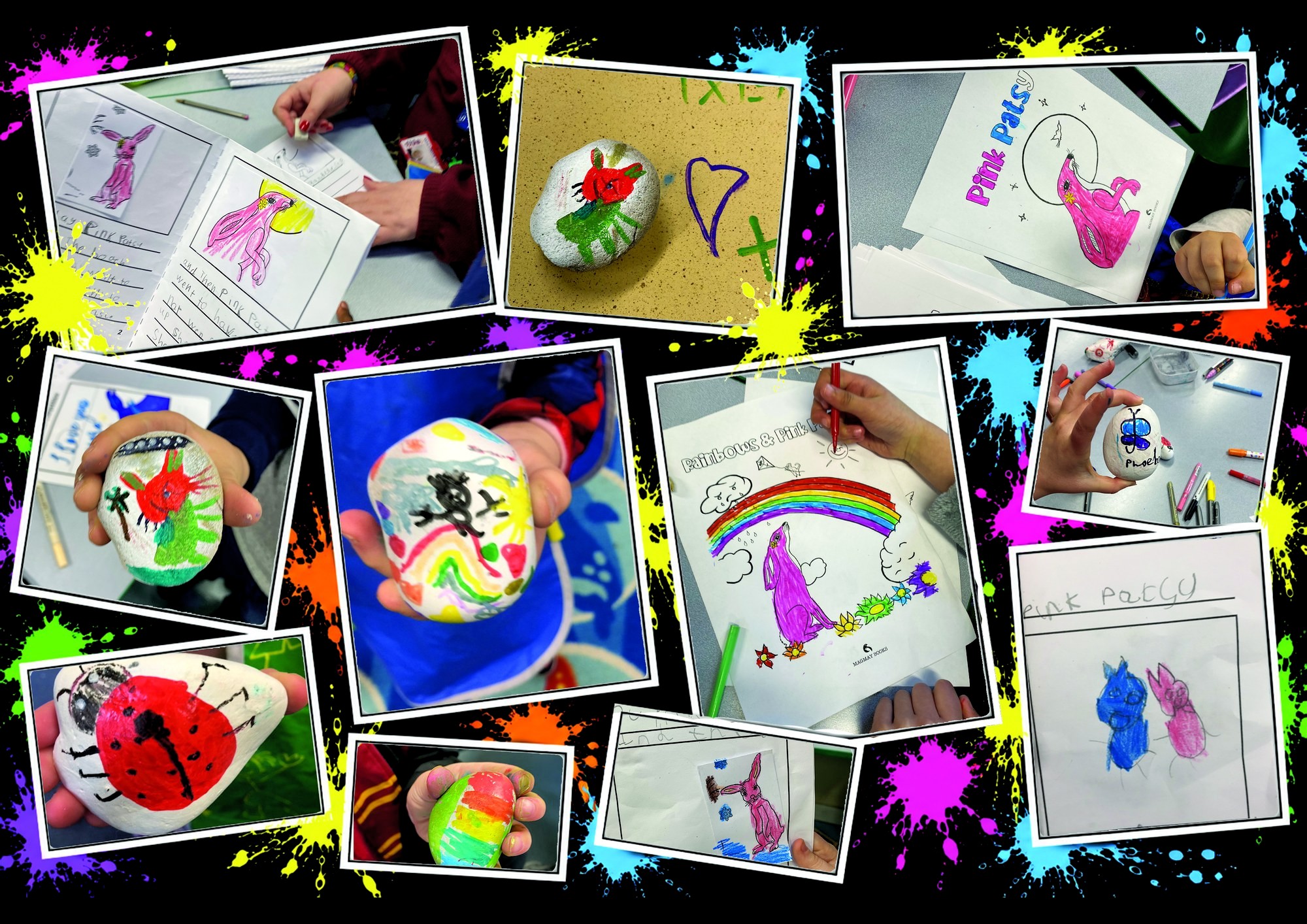 Collage of children’s Pink Patsy artwork from Magmay Books school visits: painted ladybird and bunny stones, colouring sheets and handmade story books
