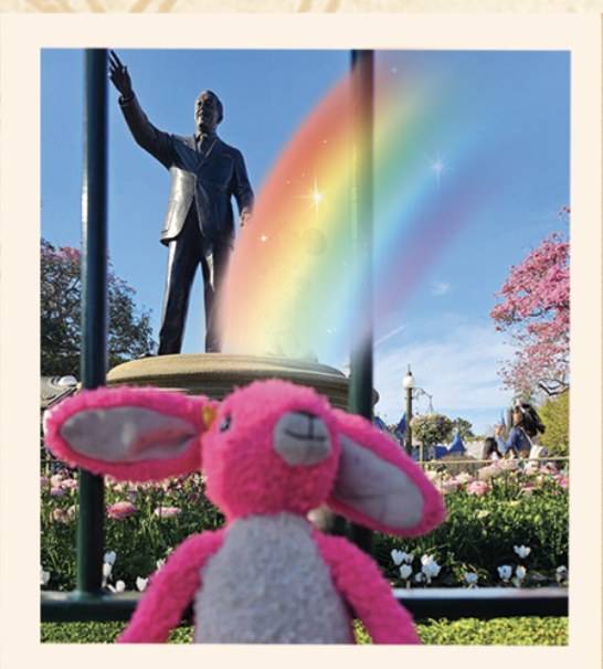 Pink Patsy in sunny Florida with a rainbow, pink blossom trees and tulips