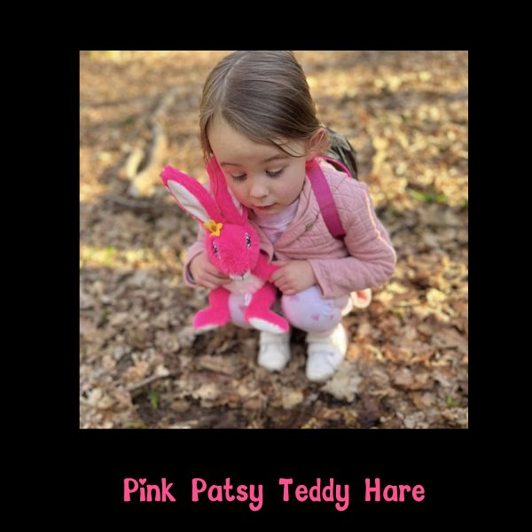 Little girl cuddling the Pink Patsy Teddy Hare on a walk through autumn leaves