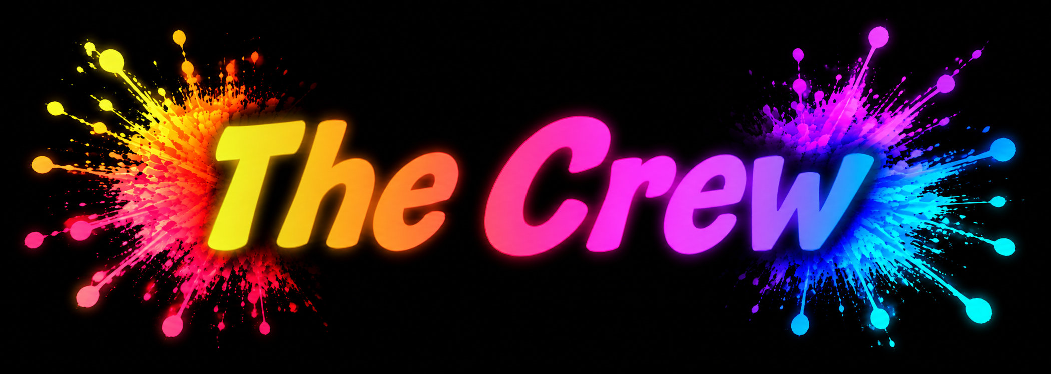 The Crew title in bright neon paint-splash lettering for the Magmay Books authors, illustrator and Pink Patsy mascot