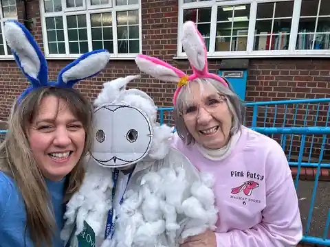 Wendy and Margaret in Bobby Blue and Pink Patsy ears with a teacher dressed as a fluffy white owl