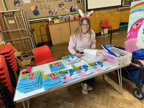 Wendy Gallagher signing Pink Patsy books at a school