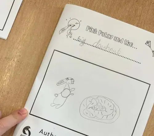 Cover of a child's homemade book, Pink Patsy and the Big Doughnut