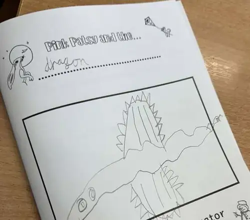 Cover of a child's homemade book, Pink Patsy and the Dragon, with a pencil drawing of a dragon