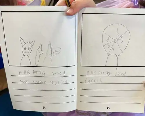 Inside a child's Pink Patsy story with drawings of a unicorn and a ferris wheel