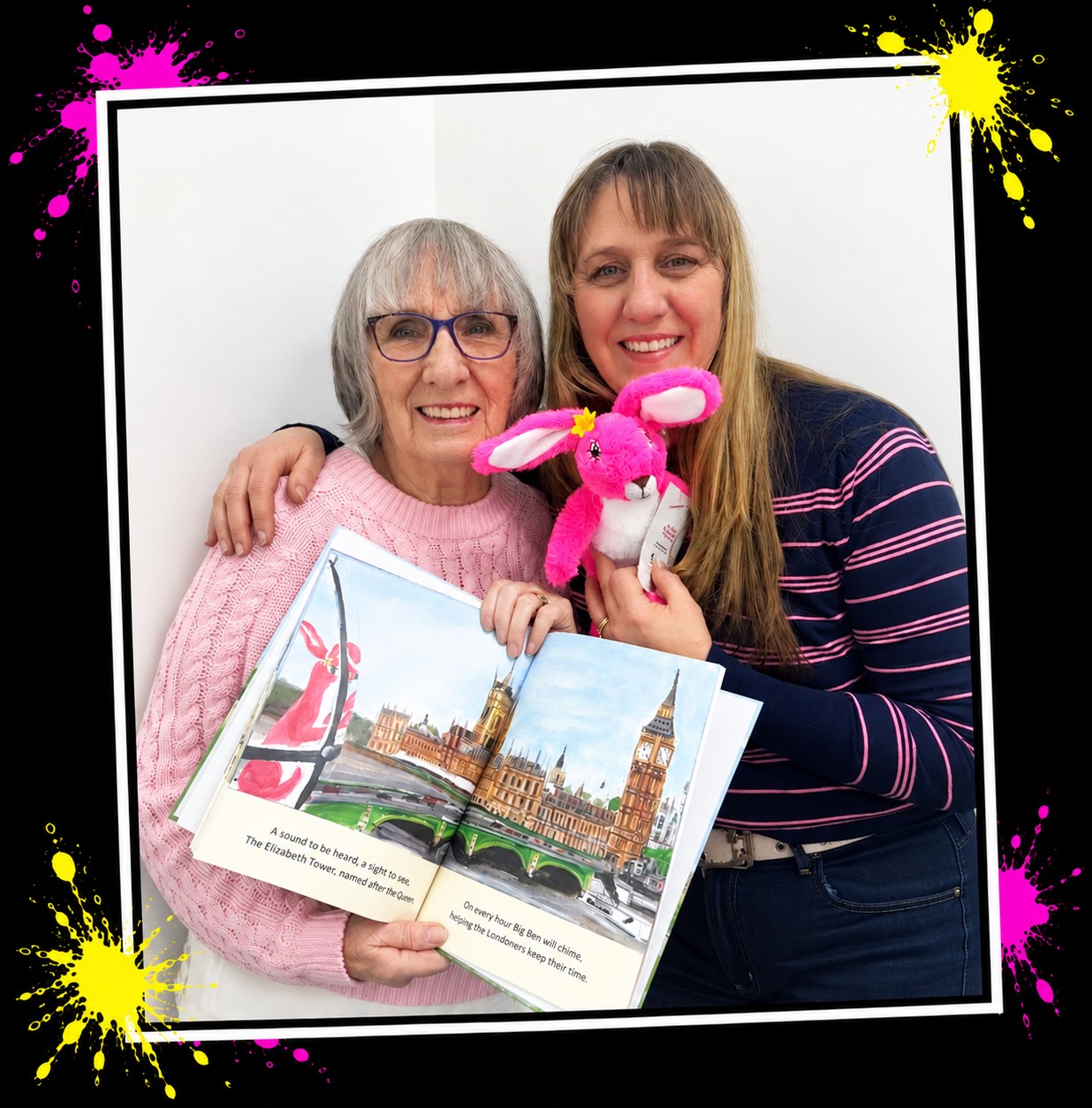 Magmay Books author Wendy Gallagher and illustrator Margaret Townsend with a Pink Patsy teddy hare and one of their picture books