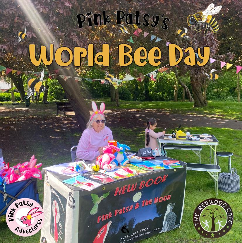 Margaret Townsend in Swan Lane Open Space for a Pink Patsy in the Park event for World Bee Day. Celebrating our new book - Pink Patsy and the honey